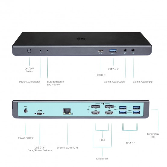 Docking Station iTec USB 3.0 / USB-C / Thunderbolt 3 Dual Display Docking Station + Power Delivery 85W CADUAL4KDOCKPD