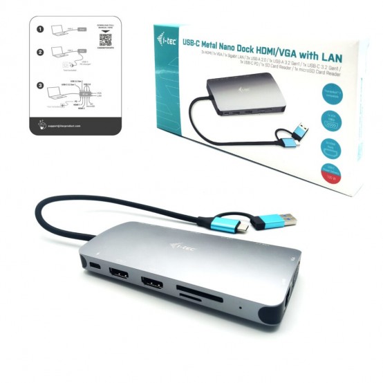 Docking Station iTec USB 3.0 USB-C/Thunderbolt 3x Display Travel Nano Dock with LAN + Power Delivery 100 W CANANOTDOCKPD