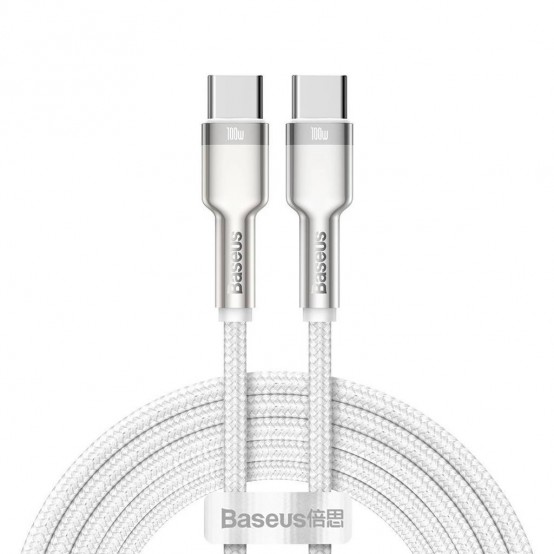 Cablu Baseus Cafule Metal, Fast Charging Data Cable pt. smartphone, USB Type-C la USB Type-C 100W, braided, 2m, alb CATJK-D02