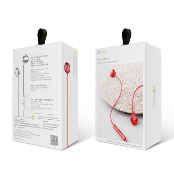 Casca Baseus Stereo Earphones Encok H06 (NGH06-09) - with Wire, 3.5mm Jack, Microphone, 1.2m - Red 6953156273917