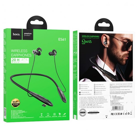 Casca Hoco Bluetooth Earphones (ES61) - for Sport, Magnetic Claps, Support BT, TF card - Black 6931474760777