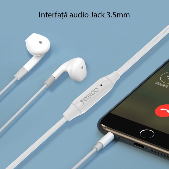 Casca Yesido Stereo Earphones (YH30) - Jack 3.5mm with Microphone, 1.2m - White 6971050262622