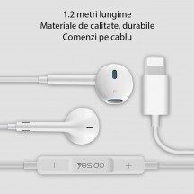 Casca Yesido Stereo Earphones (YH28) - Lightning with Microphone, 1.2m - White 6971050261601