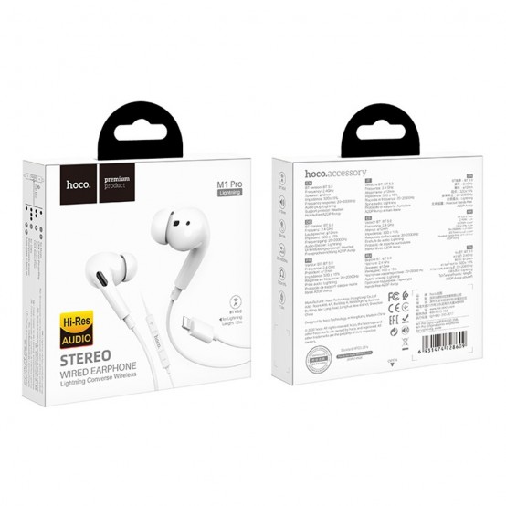 Casca Hoco Stereo Earphones (M1 Pro) - Lightning with Microphone, 1.2m - White 6931474728609