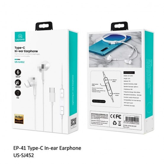 Casca USAMS Stereo Earphones EP-41 (US-SJ452) - In-ear, Type-C with Microphone, 1.2m - White 6958444912905