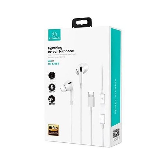 Casca USAMS Stereo Earphones EP-41 (US-SJ453)- In-ear, Lightning, with Microphone, 1.2m - White 6958444912912