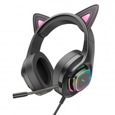 Casca Hoco Hoco - Wired Headphones Cat Ears (W107) -  Jack 3.5mm,  with Microphone and LED Colorful Lights - Black / Pink 69314
