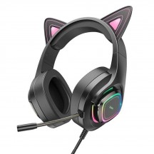 Casca Hoco Hoco - Wired Headphones Cat Ears (W107) -  Jack 3.5mm,  with Microphone and LED Colorful Lights - Black / Pink 69314