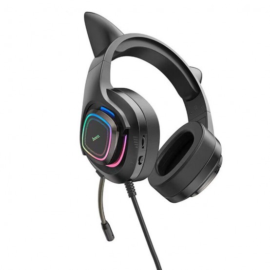 Casca Hoco Hoco - Wired Headphones Cat Ears (W107) -  Jack 3.5mm,  with Microphone and LED Colorful Lights - Black / Pink 69314