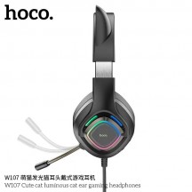 Casca Hoco Hoco - Wired Headphones Cat Ears (W107) -  Jack 3.5mm,  with Microphone and LED Colorful Lights - Black / Pink 69314