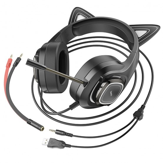 Casca Hoco Hoco - Wired Headphones Cat Ears (W107) -  Jack 3.5mm,  with Microphone and LED Colorful Lights - Black / Pink 69314