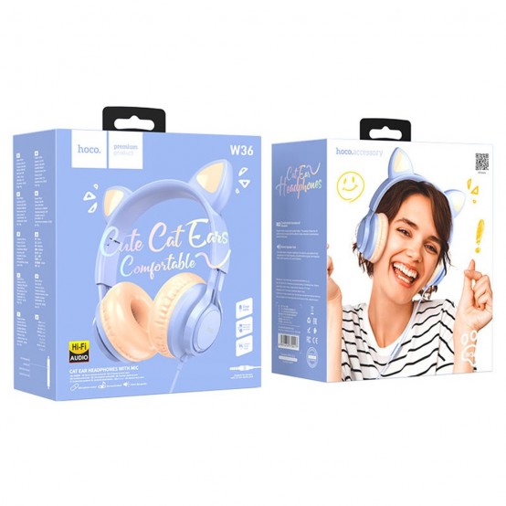 Casca Hoco Hoco - Wired Headphones Cat Ears (W36) - Jack 3.5mm, with Microphone - Dream Blue 6931474770417
