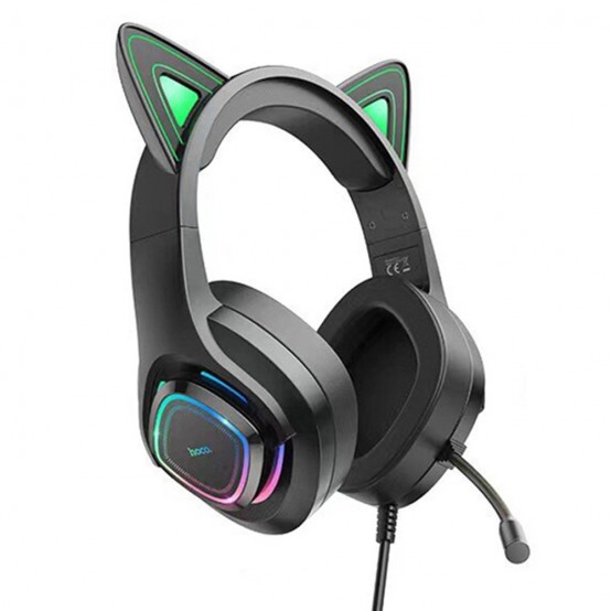 Casca Hoco Hoco - Wired Headphones Cat Ears (W107) -  Jack 3.5mm,  with Microphone and LED Colorful Lights - Black / Green 6931