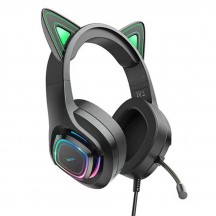 Casca Hoco Hoco - Wired Headphones Cat Ears (W107) -  Jack 3.5mm,  with Microphone and LED Colorful Lights - Black / Green 6931