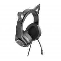 Casca Hoco Hoco - Wired Headphones Cat Ears (W107) -  Jack 3.5mm,  with Microphone and LED Colorful Lights - Black / Green 6931