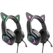 Casca Hoco Hoco - Wired Headphones Cat Ears (W107) -  Jack 3.5mm,  with Microphone and LED Colorful Lights - Black / Green 6931