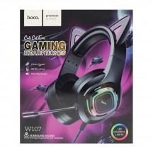Casca Hoco Hoco - Wired Headphones Cat Ears (W107) -  Jack 3.5mm,  with Microphone and LED Colorful Lights - Black / Green 6931