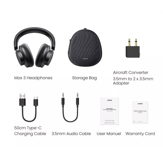 Casca Ugreen Ugreen - Wireless Headphones (90422) - Noise Canceling, 5 Microphones, Travel Case and 3D Spatial Sound - Black 69