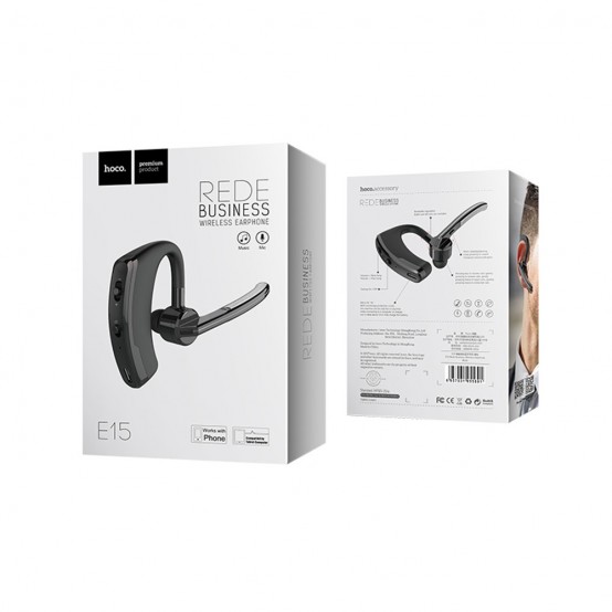 Casca Hoco Hoco - Bluetooth Headset Rede (E15) - Bluetooth 4.1, Rotating Microphone and Earhook - Black 6957531055891