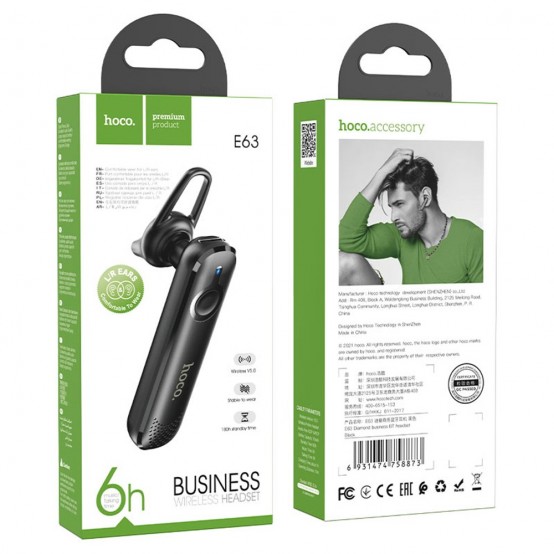 Casca Hoco Hoco - Bluetooth Headset Diamond (E63) - Bluetooth 5.0, Rotary Ear Hook - Black 6931474758873