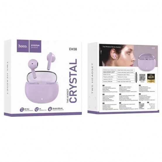 Casca Hoco Wireless Earbuds Crystal (EW38) - TWS, Bluetooth 5.3, Hi-Fi Sound, Stereo, Touch Control - Purple EW38