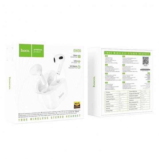 Casca Hoco Wireless Earbuds Intelligent (EW30) - TWS with Bluetooth 5.3, 300mAh, Activate Siri - White EW30