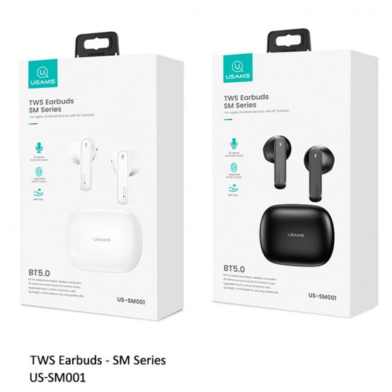 Casca USAMS Wireless Earbuds SM Series (BHUSM02) - TWS with Bluetooth 5.0 - Black BHUSM02