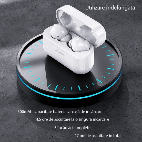 Casca USAMS Wireless Earbuds LY Series (BHULY06) - Active Noice Cancellation, TWS, Bluetooth 5.0 - White BHULY06