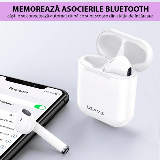 Casca USAMS Wireless Earbuds YA Series (BHUYA01) - TWS with Bluetooth 5.0 - White BHUYA01