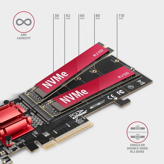 Adaptor Axagon PCIE 3.0 8X,  2X NVME M.2 PCEM2-ND