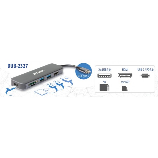 Docking Station D-Link 6-in-1 USB-C Hub with HDMI/Card Reader/Power Delivery DUB-2327