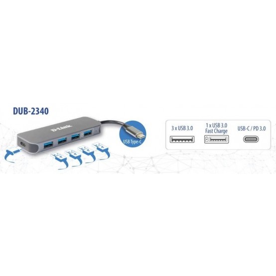 Hub D-Link USB-C to 4-Port USB 3.0 Hub with Power Delivery DUB-2340