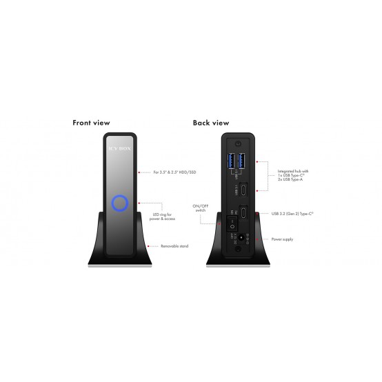 Rack RaidSonic ICY BOX Enclosure for 3,5" or 2,5" HDD/SSD with USB 3.2 (Gen 2) Type-C interface and USB Hub IB-382H-C31