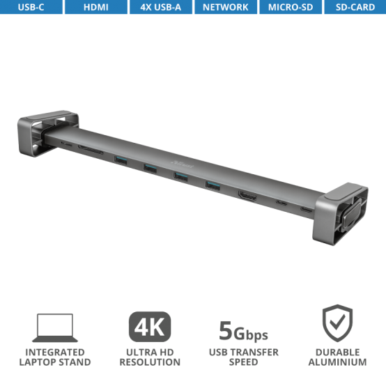 Docking Station Trust Dalyx Aluminium 10-in-1 USB-C Multi-port Dock TR-23417