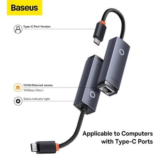 Placa de retea Baseus Lite, USB 2.0 to RJ-45 10/100 Mbps Adapter, metalic WKQX000013