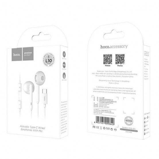 Casca Hoco Wired Earphones Acoustic - Type-C with Microphone, 1.2m - White L10