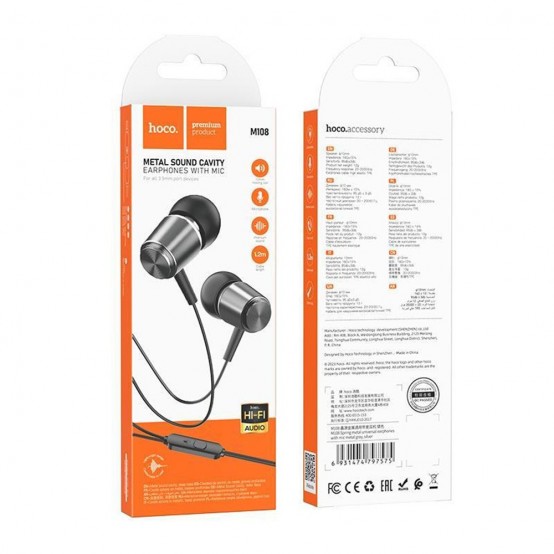 Casca Hoco Wired Earphones - Jack 3.5mm with Microphone, 1.2m - Metal Gray M108