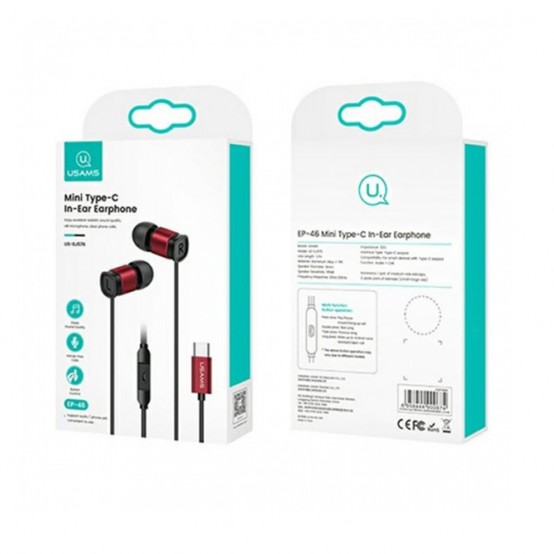 Casca USAMS Wired Earphones EP-46 Mini - Type-C with Microphone, 1.2m - Red HSEP4604
