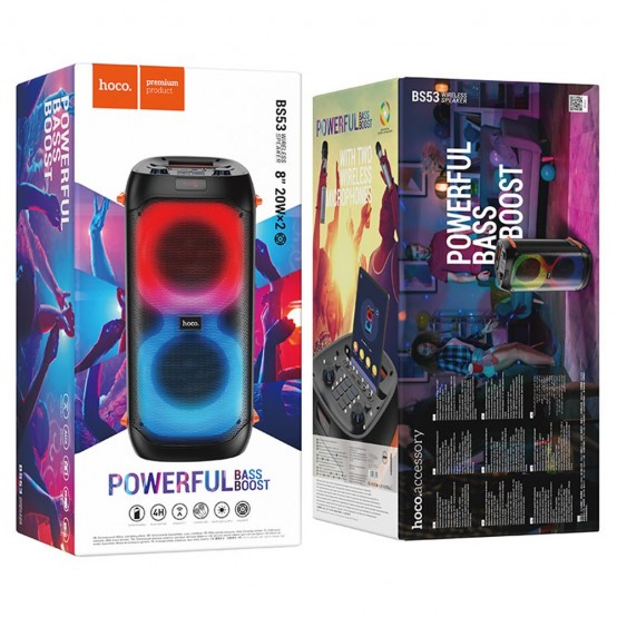 Boxe Hoco Wireless Speaker Manhattan  - BT V5.1, TF Card, USB, AUX, FM, 40W, 3600mAh, with Mic and RGB Lights - Black BS53