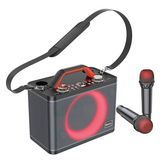 Boxe Hoco Portable Speaker with Dual Wireless Microphone Jenny  - for Karaoke Sessions, RGB Lights, TWS, 25W - Black BS57