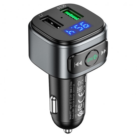 Modulator FM Hoco FM Modulator and Car Charger Fighter  - Fast Charging Bluetooth Transmitter, USB QC3.0, LED Display, 18W - Bl
