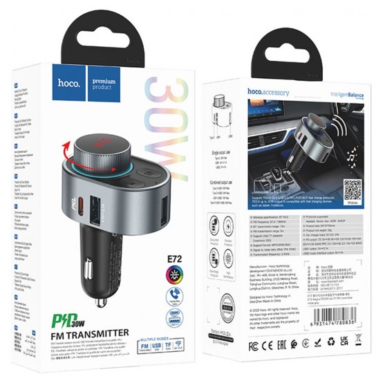 Modulator FM Hoco FM Modulator and Car Charger Alegria  - MP3 Bluetooth Transmitter, Fast Charging PD30W, LED Display - Metal G