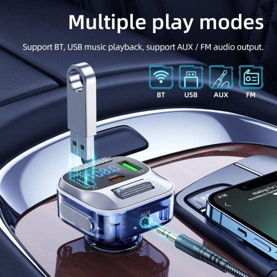 Modulator FM Hoco FM Modulator and Car Charger  - Fast Charging Bluetooth Transmitter, PD30W + USB QC3.0, LED Display - Jazz Bl