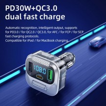 Modulator FM Hoco FM Modulator and Car Charger  - Fast Charging Bluetooth Transmitter, PD30W + USB QC3.0, LED Display - Jazz Bl