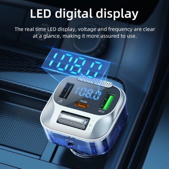 Modulator FM Hoco FM Modulator and Car Charger  - Fast Charging Bluetooth Transmitter, PD30W + USB QC3.0, LED Display - Jazz Bl