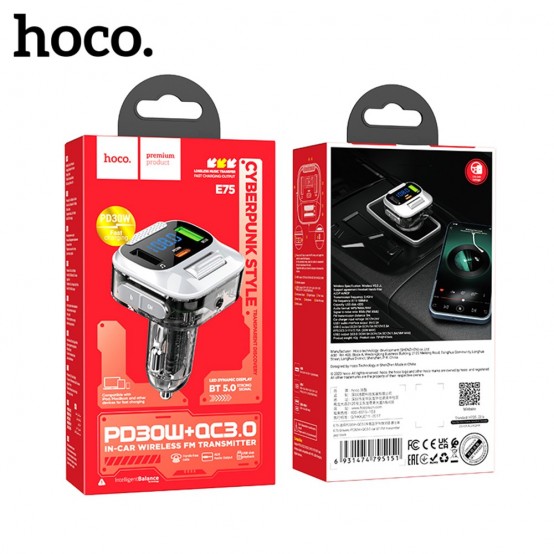 Modulator FM Hoco FM Modulator and Car Charger  - Fast Charging Bluetooth Transmitter, PD30W + USB QC3.0, LED Display - Jazz Bl