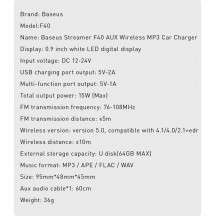 Modulator FM Baseus FM Modulator and Car Charger F40  - Aux, Wireless, MP3, 2xUSB 15W, 2A - Black CCF40-01