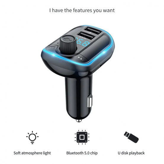 Modulator FM Yesido FM Modulator with Car Charger  - 2xUSB-A, with LED Display, RGB Light, 3.1A - Black Y44