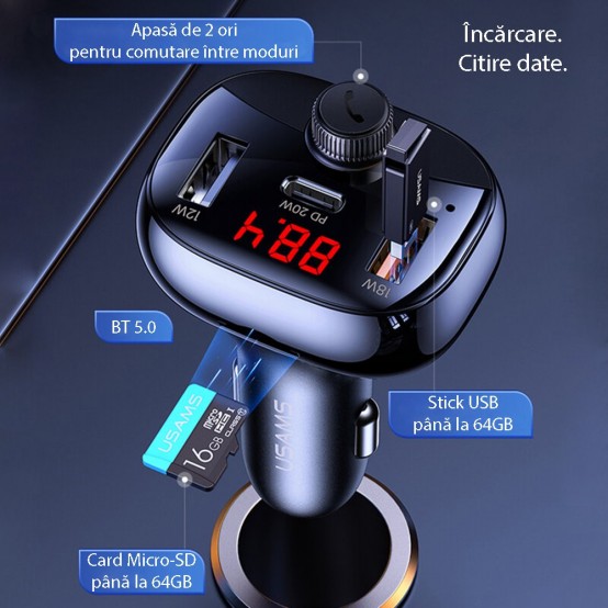 Modulator FM USAMS FM Modulator with Car Charger C25  - 1xType-C, 2xUSB-A, 50W, BT 5.0 - Black US-CC143