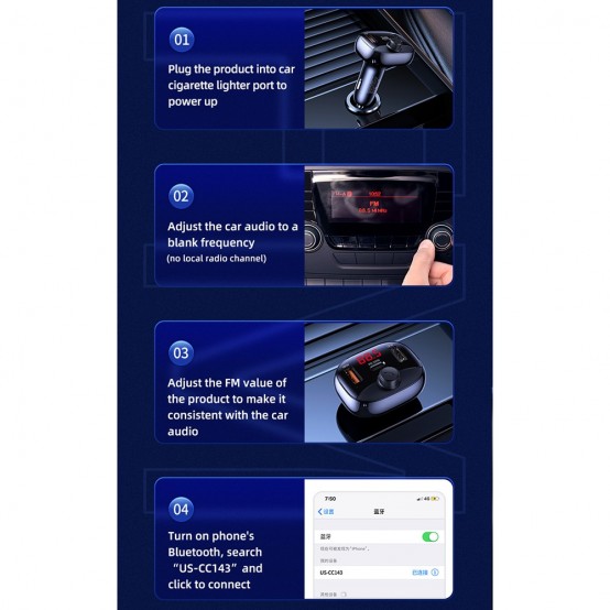Modulator FM USAMS FM Modulator with Car Charger C25  - 1xType-C, 2xUSB-A, 50W, BT 5.0 - Black US-CC143